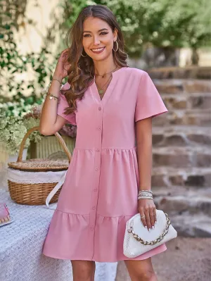 Pink V Neck Tiered Shirt Dress