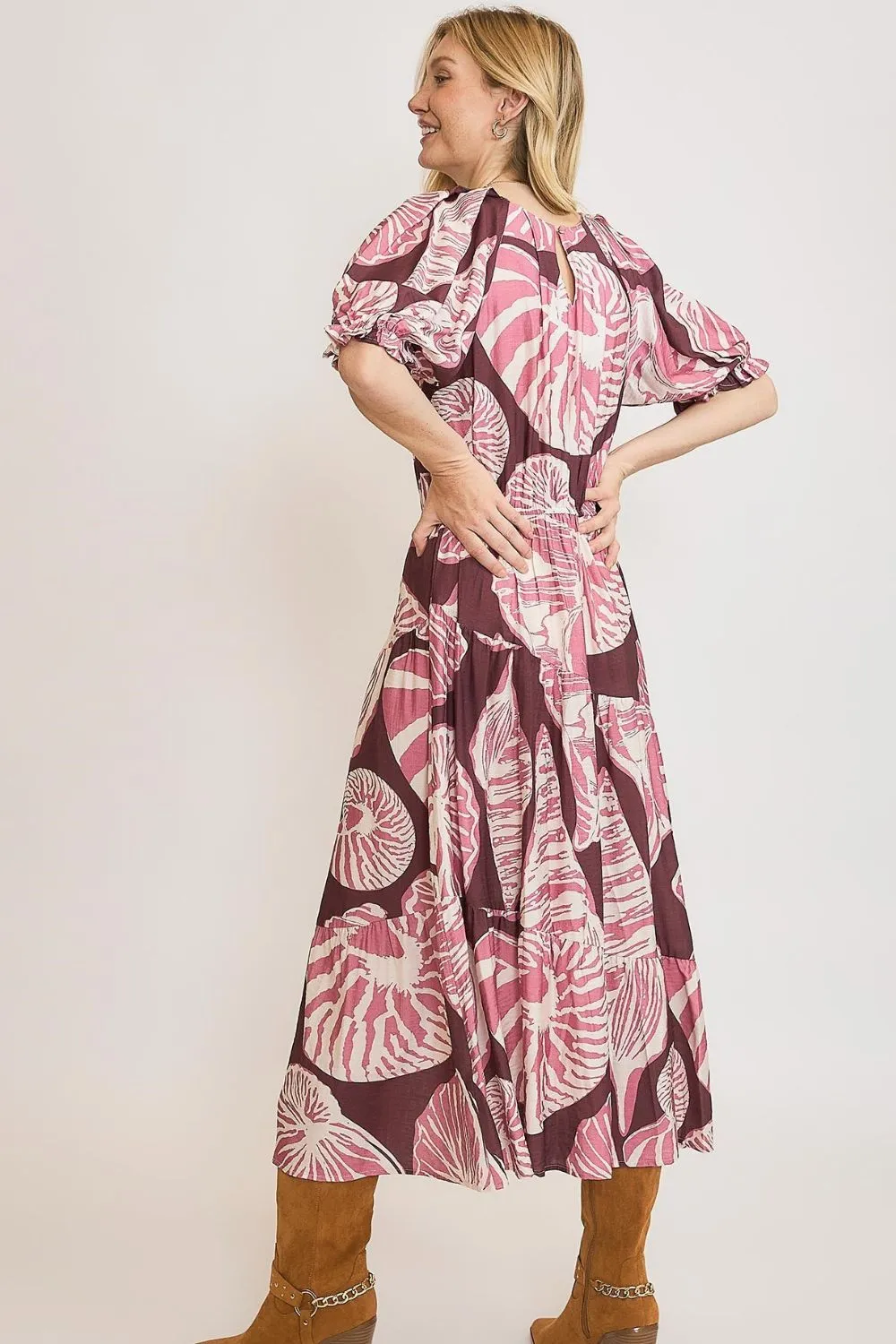 Plum/Mauve Printed Notched Puff Sleeve Midi Dress