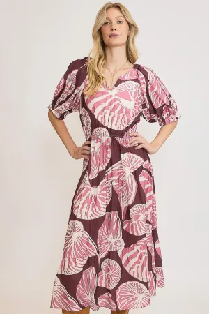 Plum/Mauve Printed Notched Puff Sleeve Midi Dress
