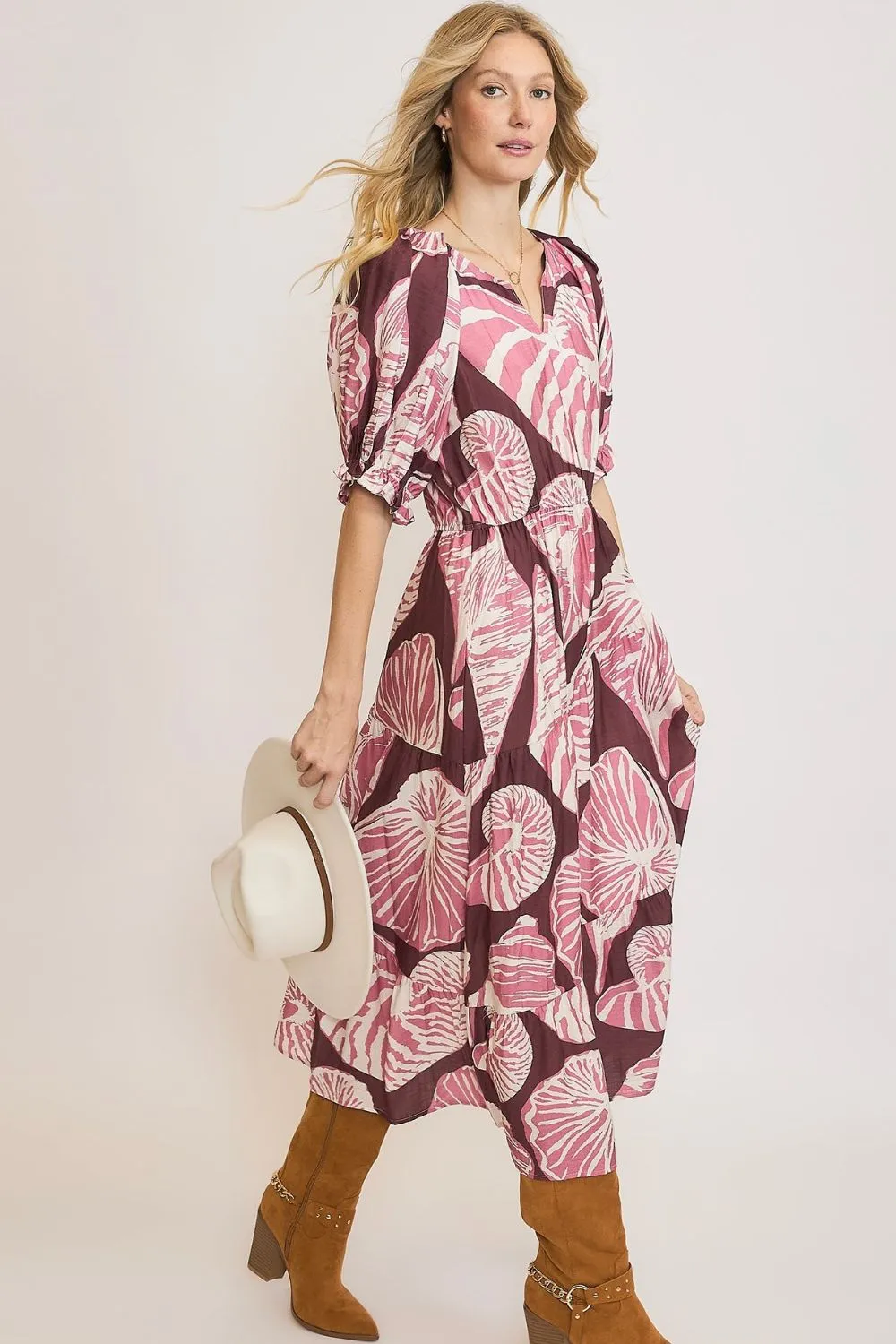 Plum/Mauve Printed Notched Puff Sleeve Midi Dress