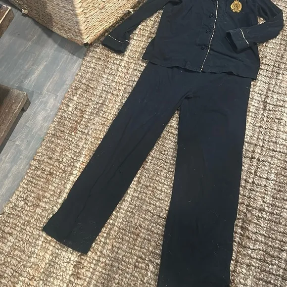 Ralph Lauren Two Piece Pajama Set Black Cheetah Trimmed Collared PJS Size Small