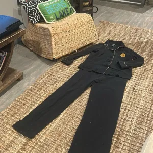 Ralph Lauren Two Piece Pajama Set Black Cheetah Trimmed Collared PJS Size Small