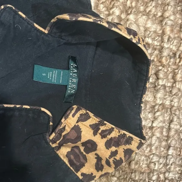 Ralph Lauren Two Piece Pajama Set Black Cheetah Trimmed Collared PJS Size Small