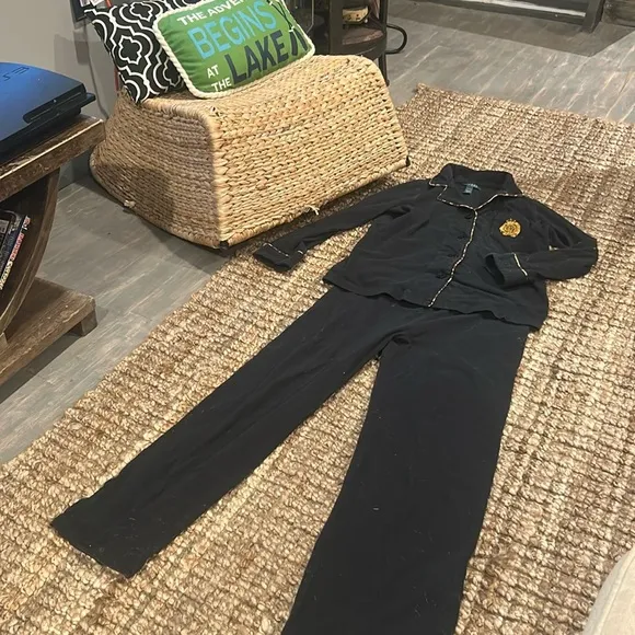 Ralph Lauren Two Piece Pajama Set Black Cheetah Trimmed Collared PJS Size Small