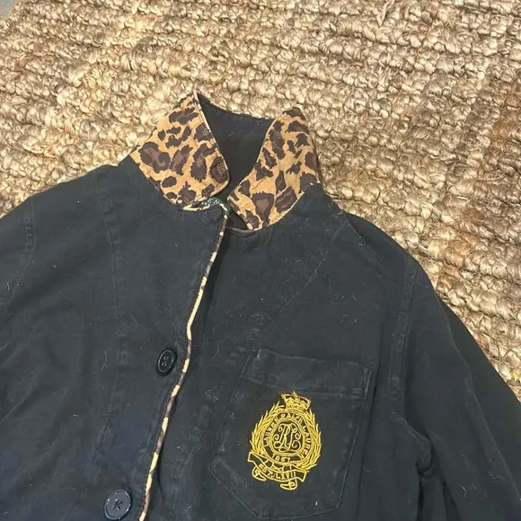 Ralph Lauren Two Piece Pajama Set Black Cheetah Trimmed Collared PJS Size Small