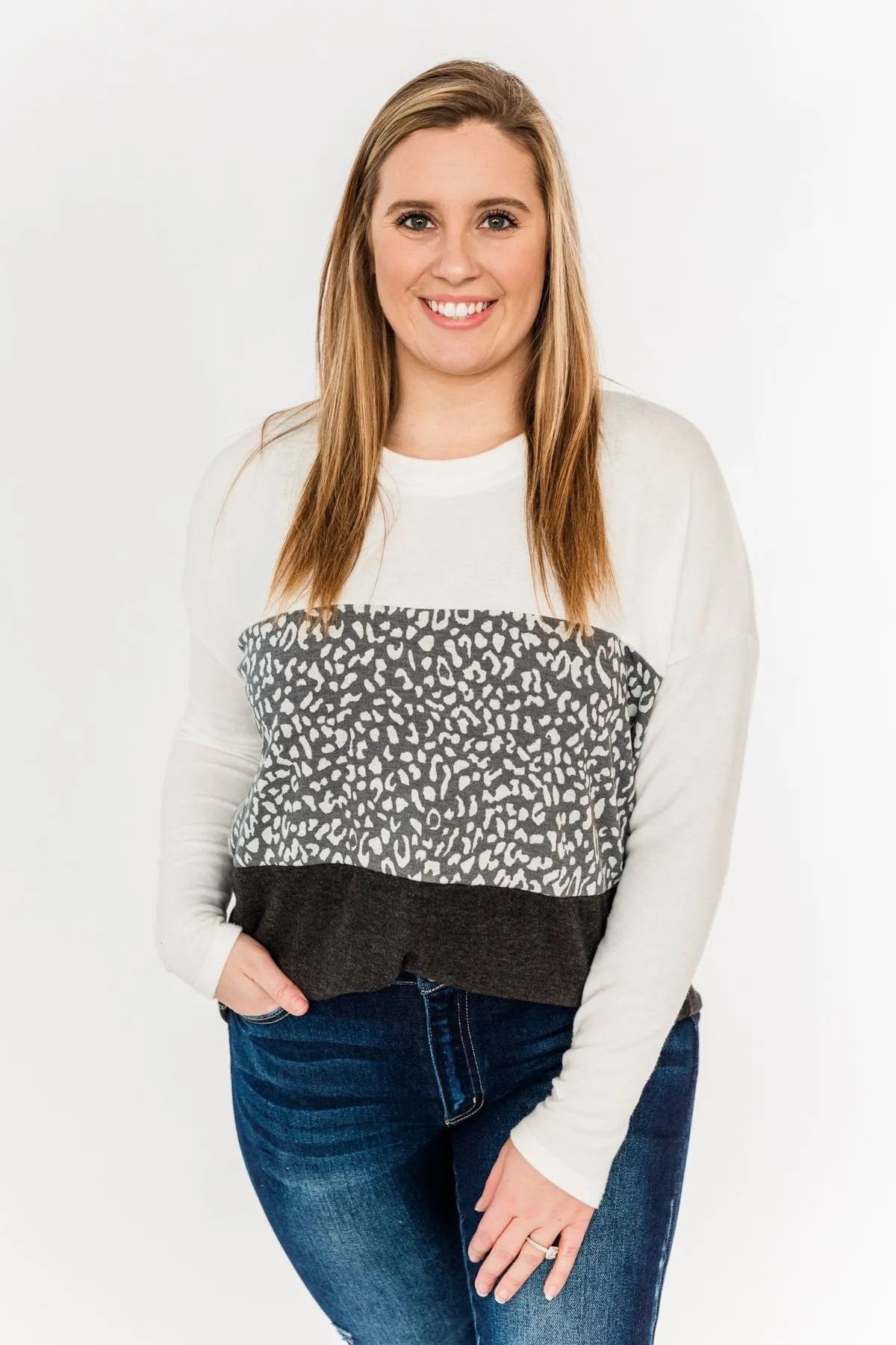 Reach For The Stars Color Block Top- Off-White, Charcoal & Black