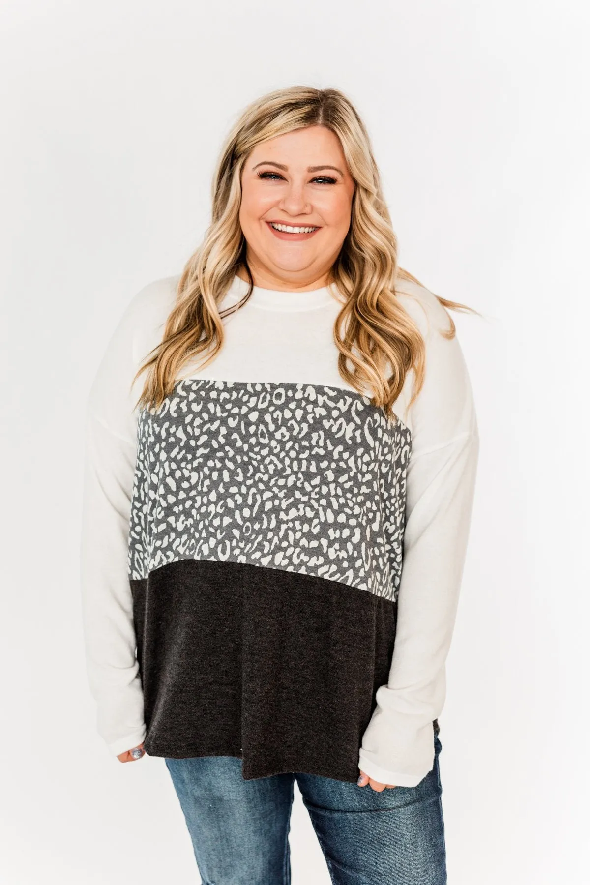 Reach For The Stars Color Block Top- Off-White, Charcoal & Black