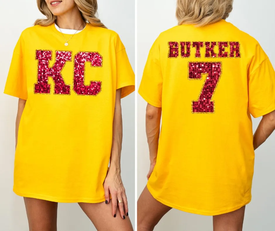 Red Faux Glitter KC Front & BUTKER 7 Back Gold Tee (FRONT/BACK)