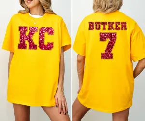 Red Faux Glitter KC Front & BUTKER 7 Back Gold Tee (FRONT/BACK)