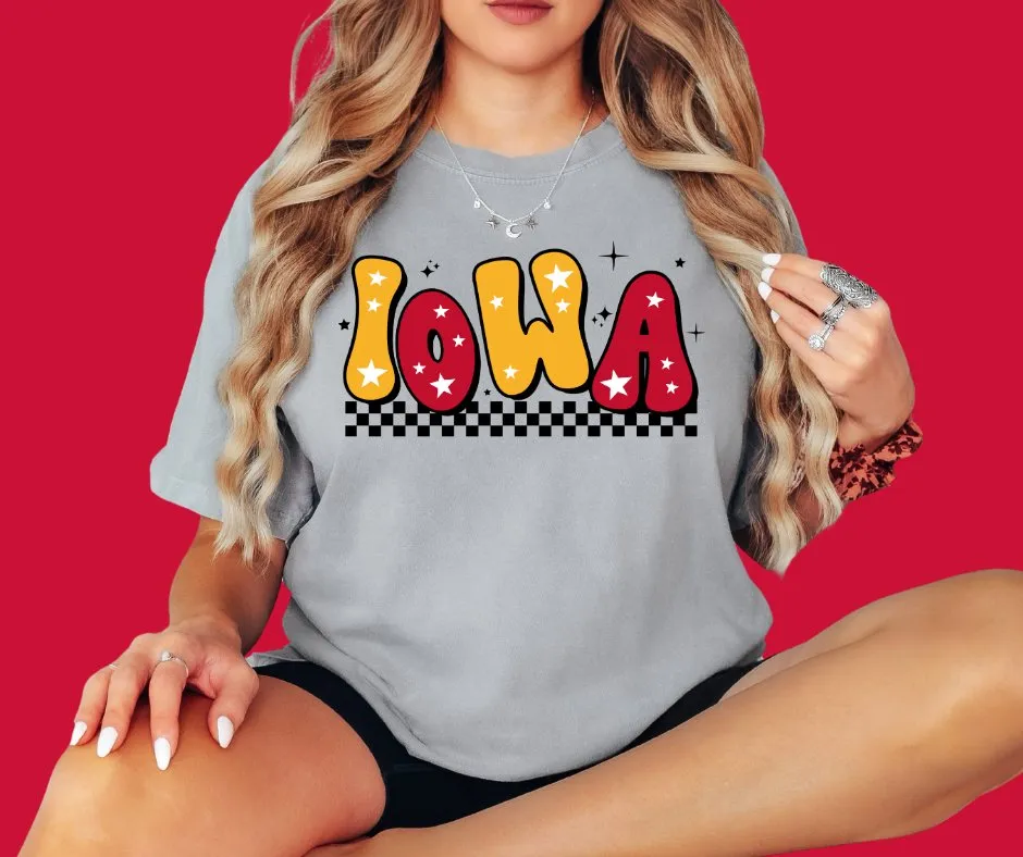 Retro Maroon & Gold Star Iowa Comfort Colors Grey Tee