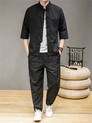 Retro Stripe Buttons-Up Half Sleeve Outfits