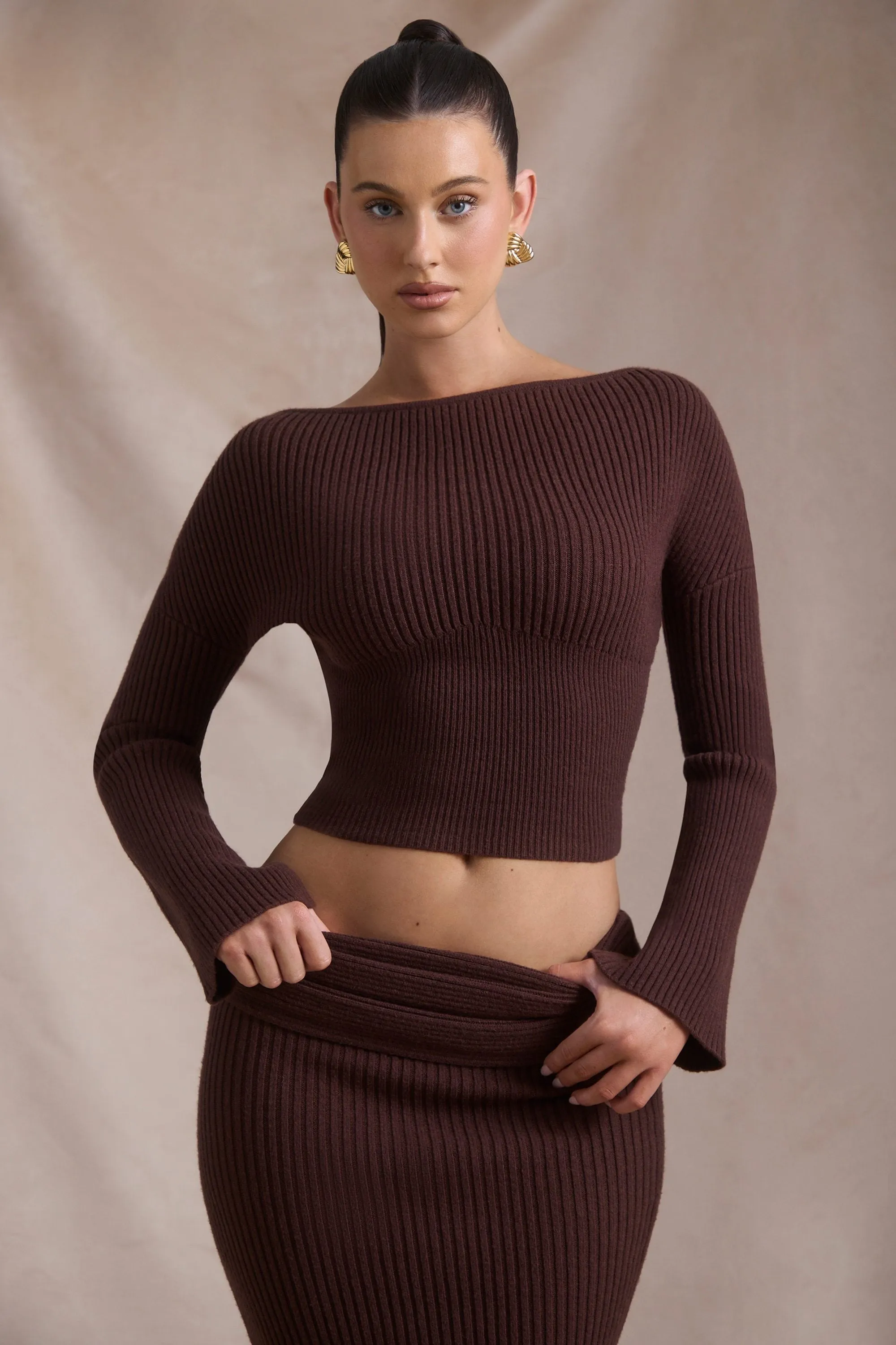 Ribbed-Knit Slash-Neck Top in Espresso