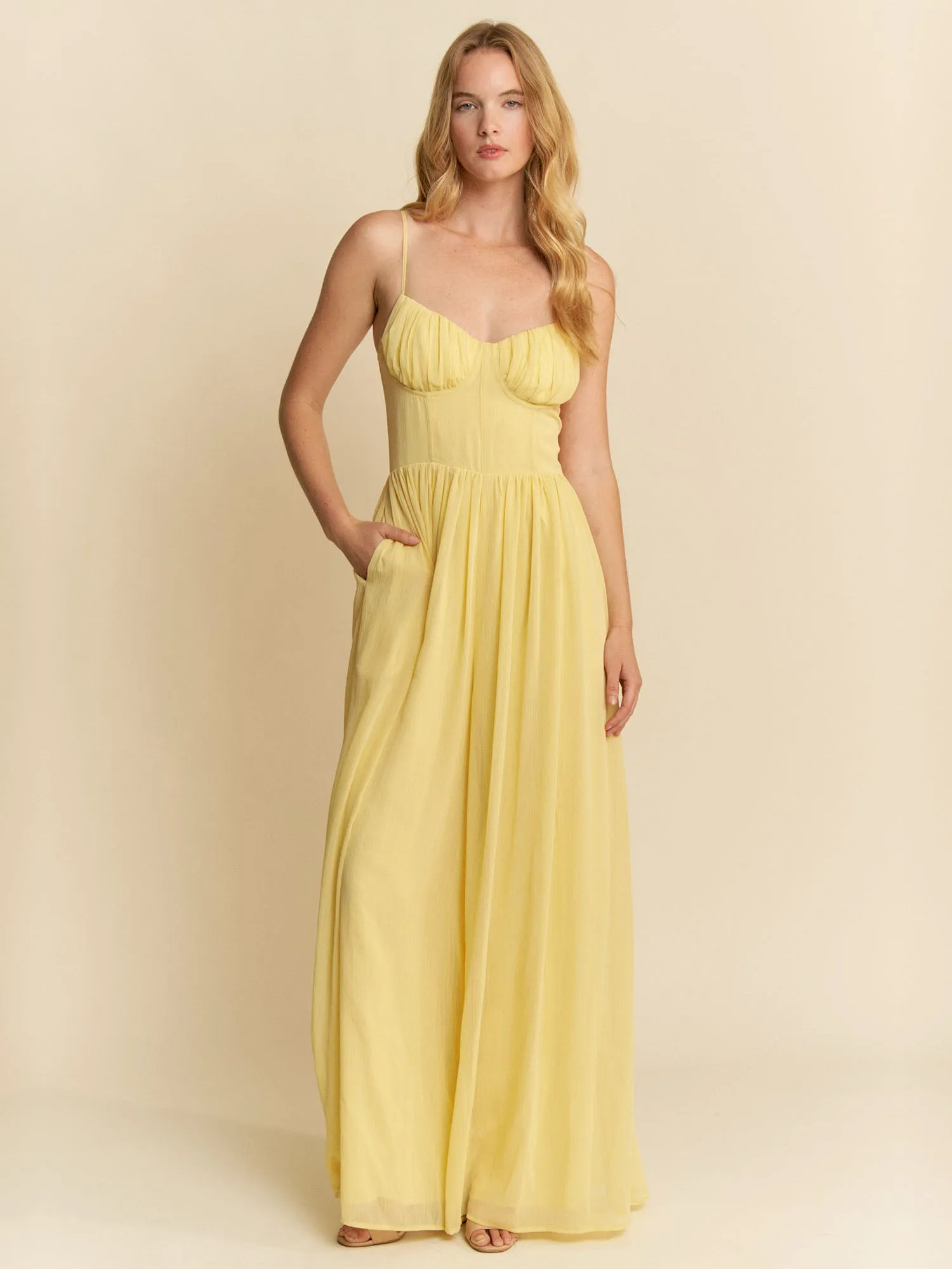 Ruched Bust Spaghetti Strap Wide Leg Jumpsuit