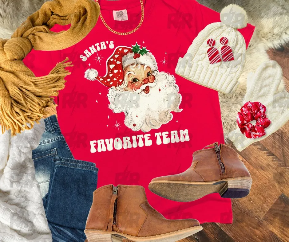 Santa's Favorite Team w/ white arrowheads in Santa Hat on Red Tee