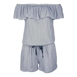 Seaside Flirt Off-Shoulder Striped Ruffle Romper