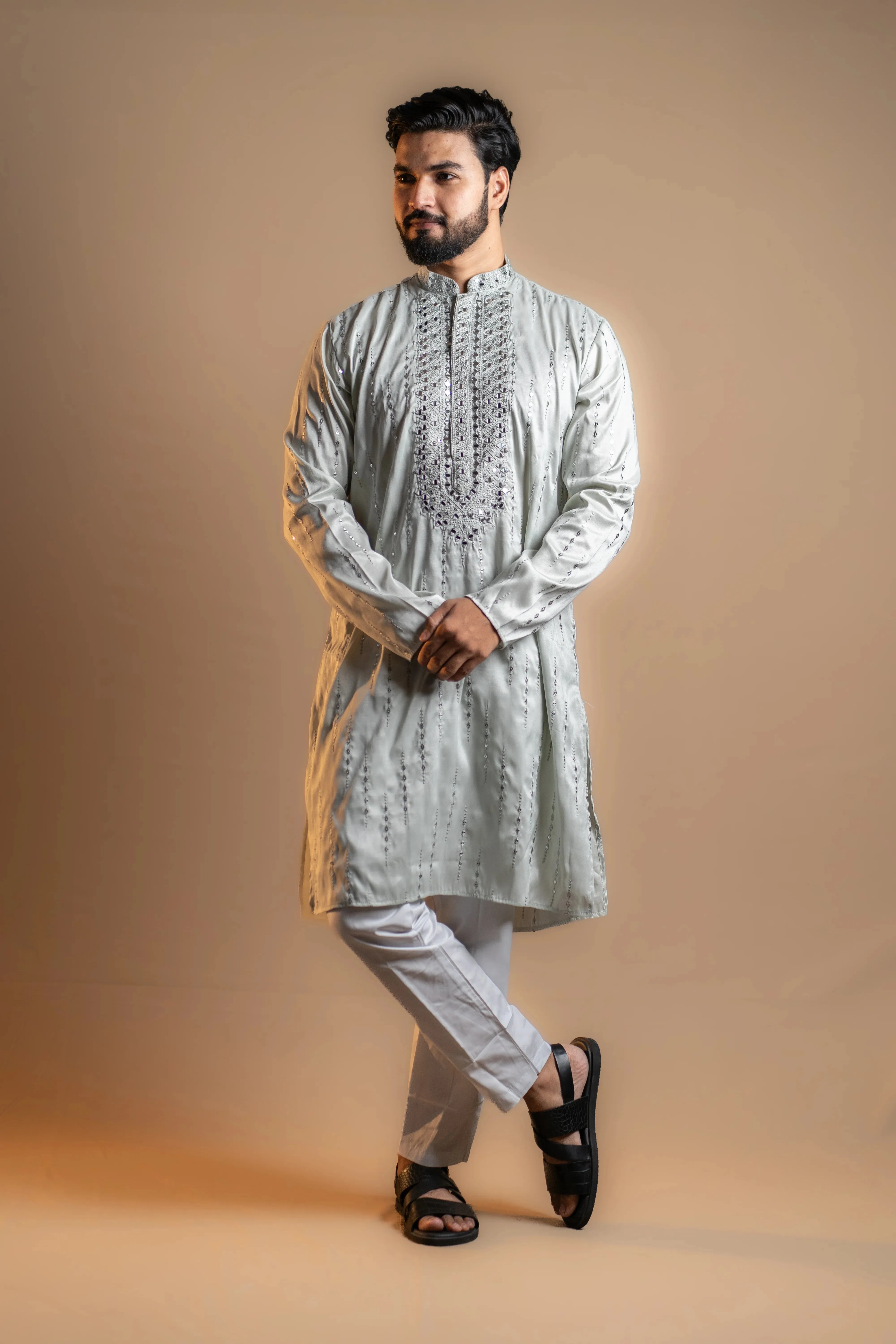 Sequin-patterned and Light-colored Kurta Set