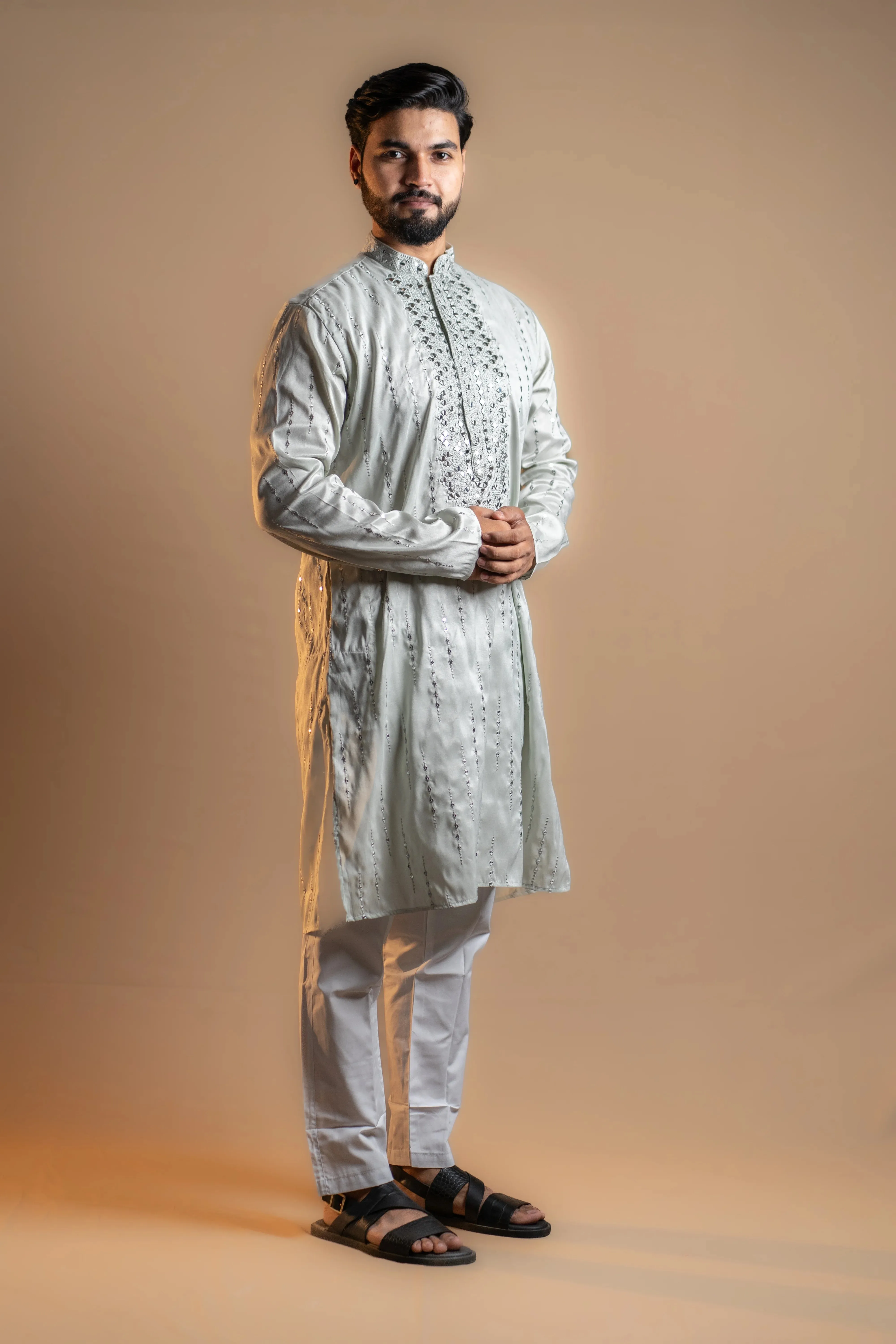 Sequin-patterned and Light-colored Kurta Set