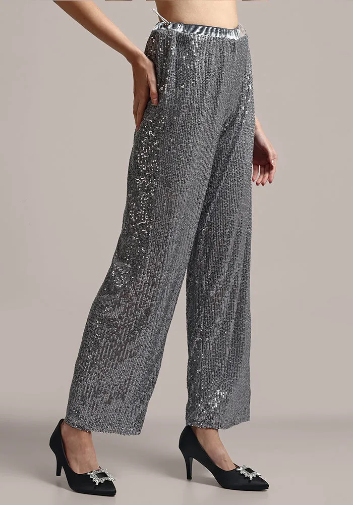 Silver Grey Sequin Wide Leg Pants