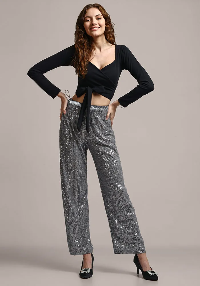Silver Grey Sequin Wide Leg Pants