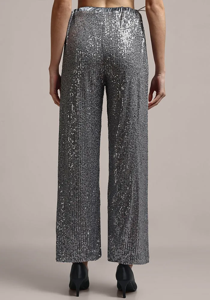 Silver Grey Sequin Wide Leg Pants