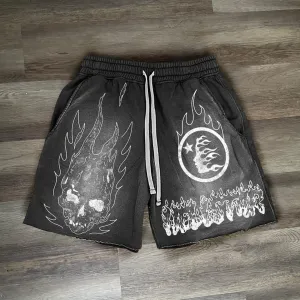 Skull Flame Letters Print Drawstring Knit Shorts