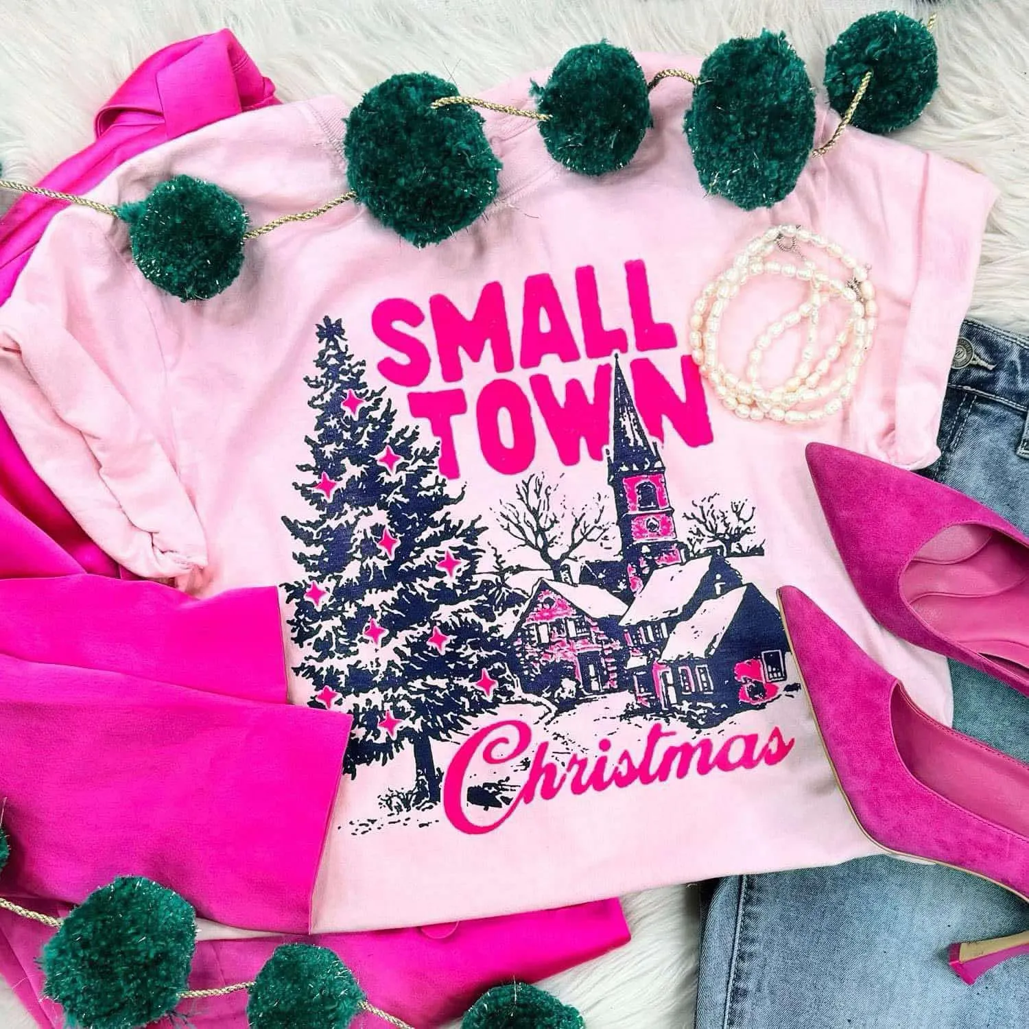 Small Town Christmas Light Pink Tee (FINAL SALE)