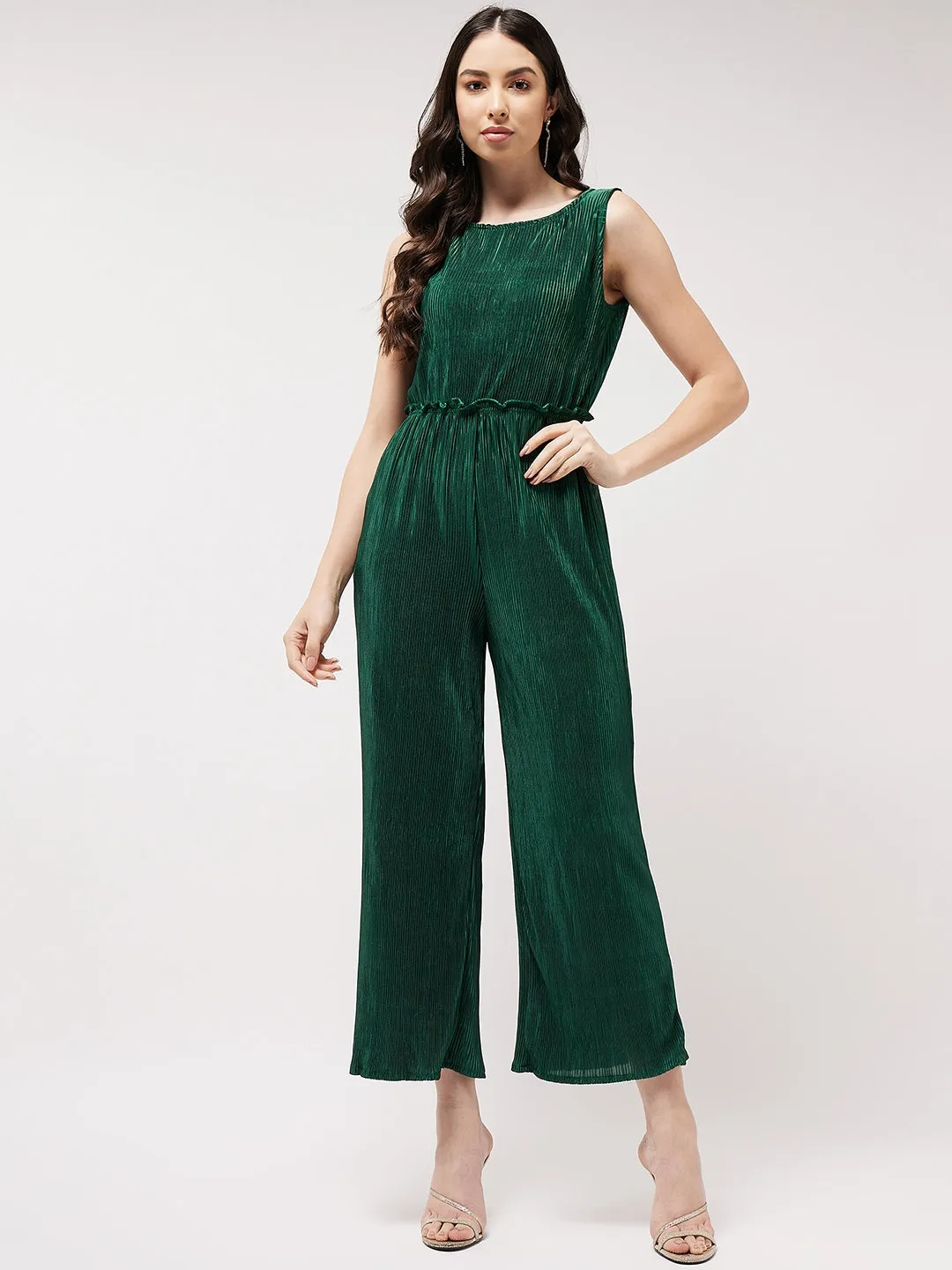 Solid Sleeveless Jumpsuit With Pleated Bottom