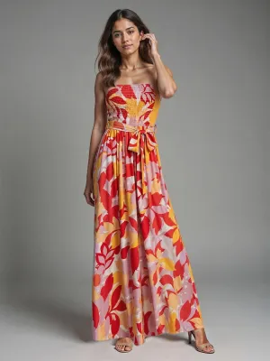 Strapless Tropical Smocked Top Wide Leg Jumpsuit