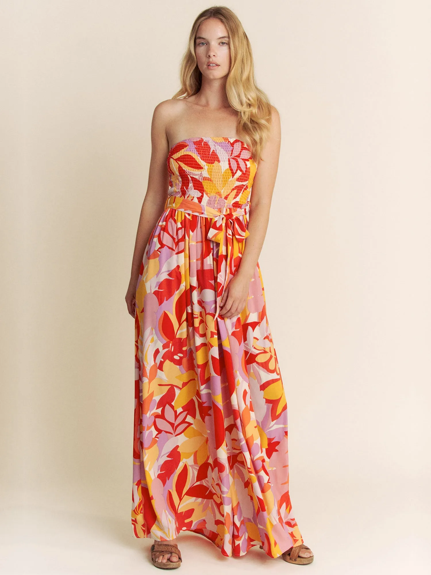 Strapless Tropical Smocked Top Wide Leg Jumpsuit