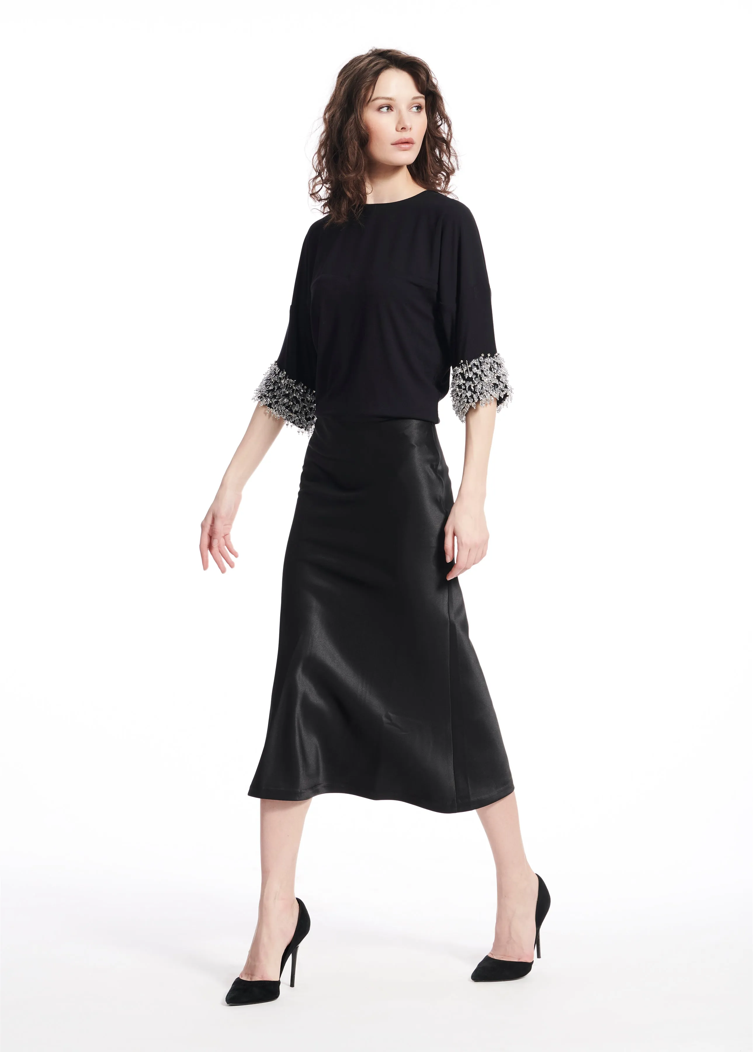 STRETCH SATIN MIDI A-LINE BIAS SKIRT BISQUE AND NAVY