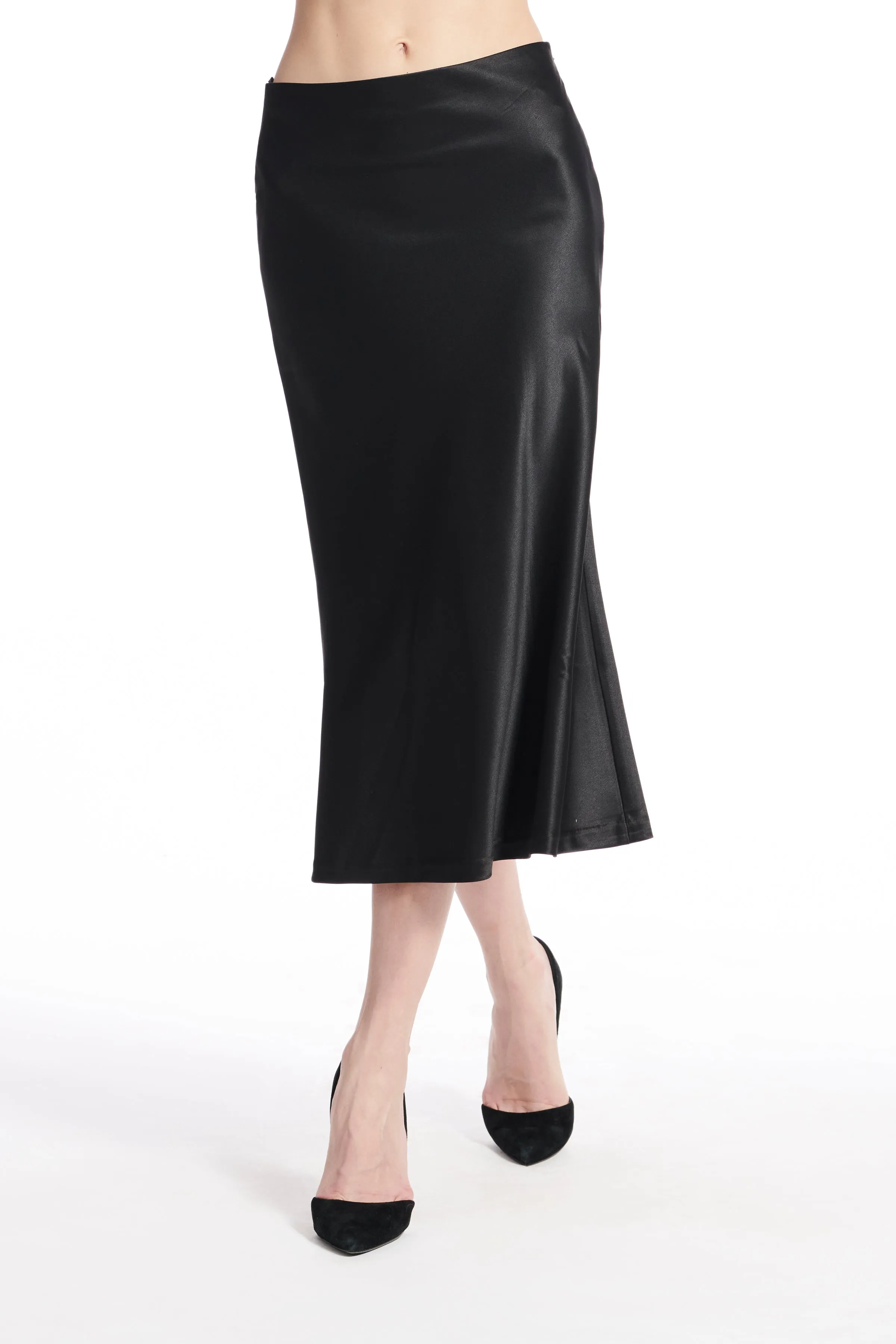 STRETCH SATIN MIDI A-LINE BIAS SKIRT BISQUE AND NAVY