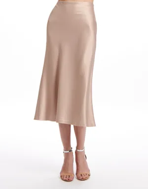 STRETCH SATIN MIDI A-LINE BIAS SKIRT BISQUE AND NAVY