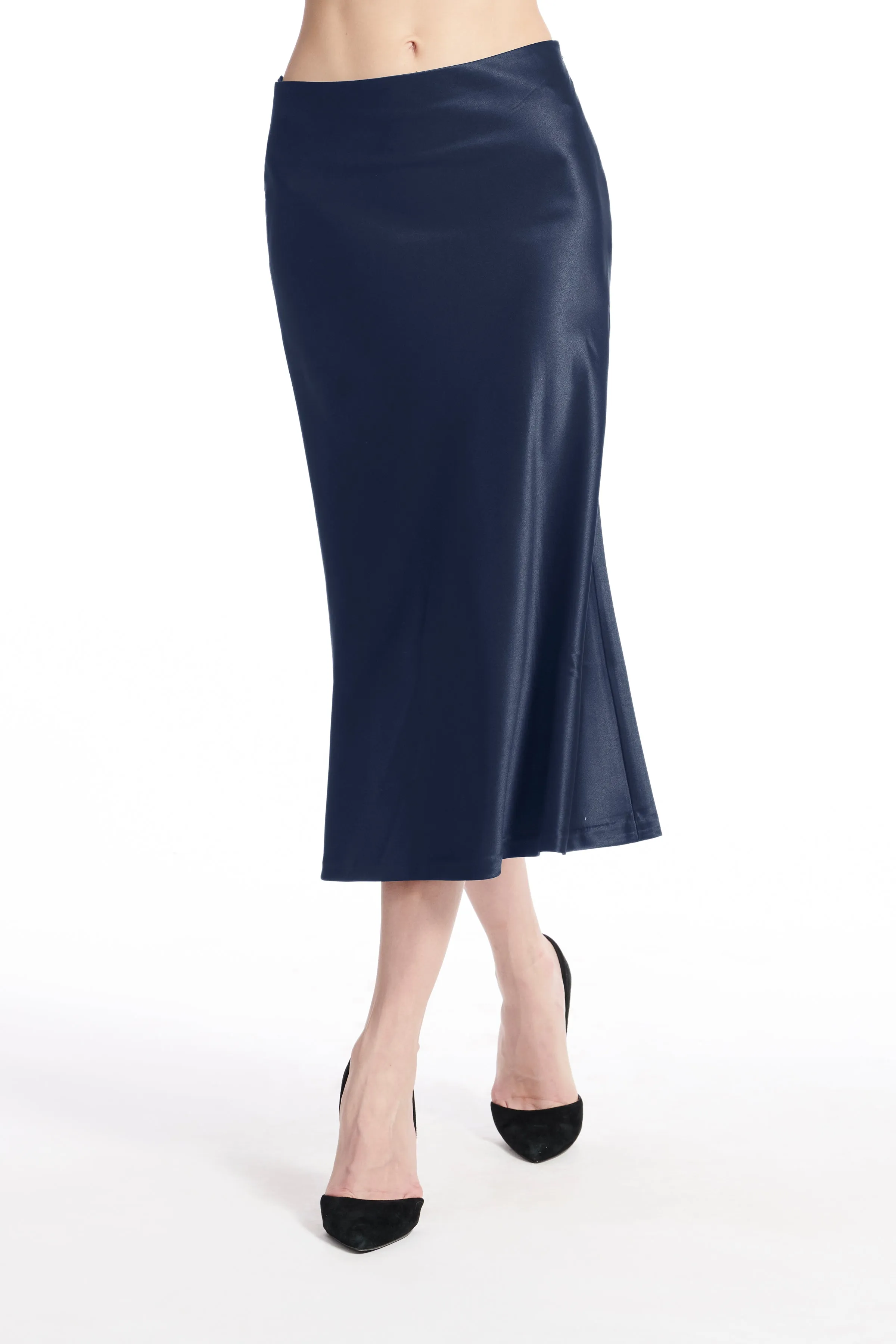 STRETCH SATIN MIDI A-LINE BIAS SKIRT BISQUE AND NAVY