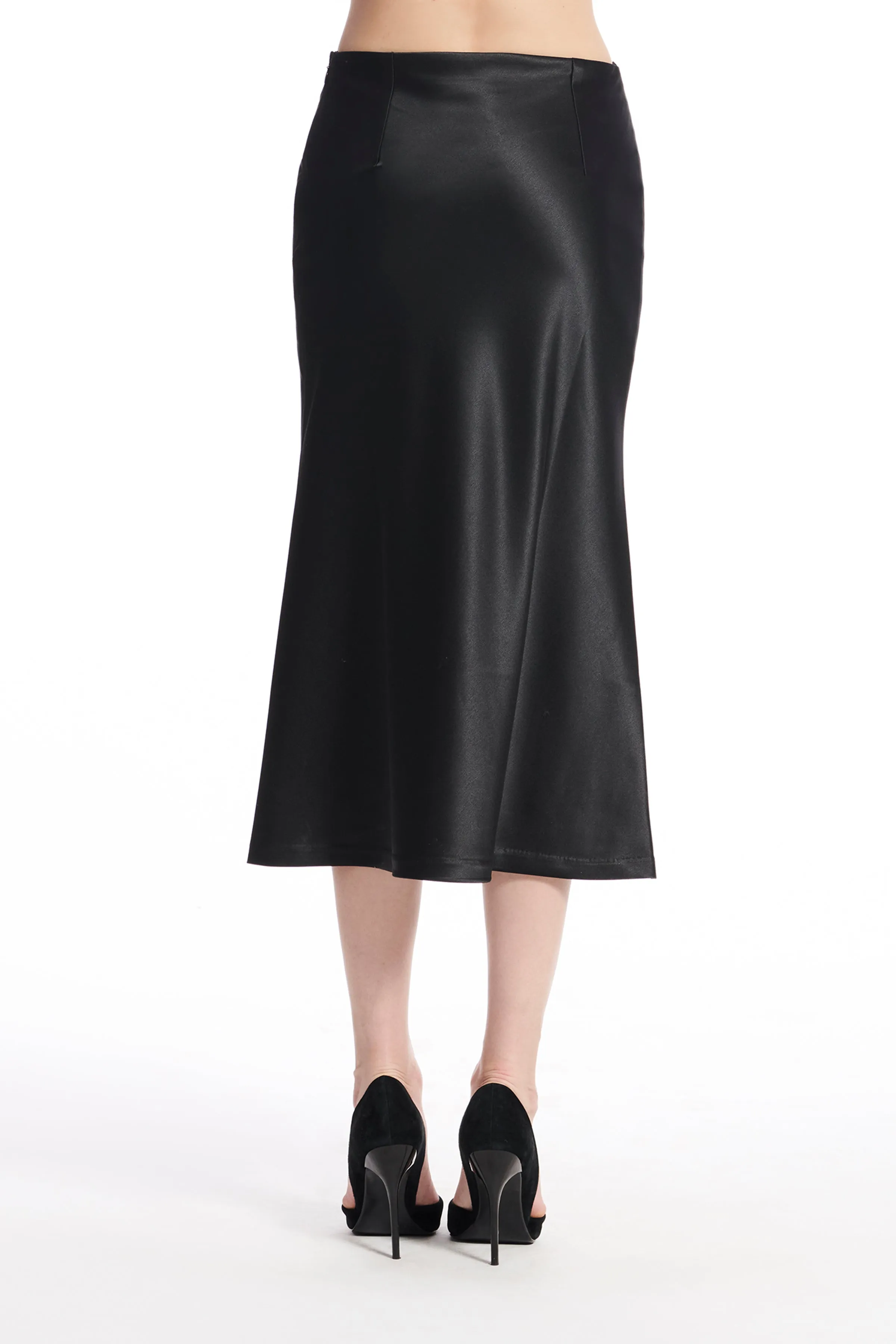 STRETCH SATIN MIDI A-LINE BIAS SKIRT BISQUE AND NAVY