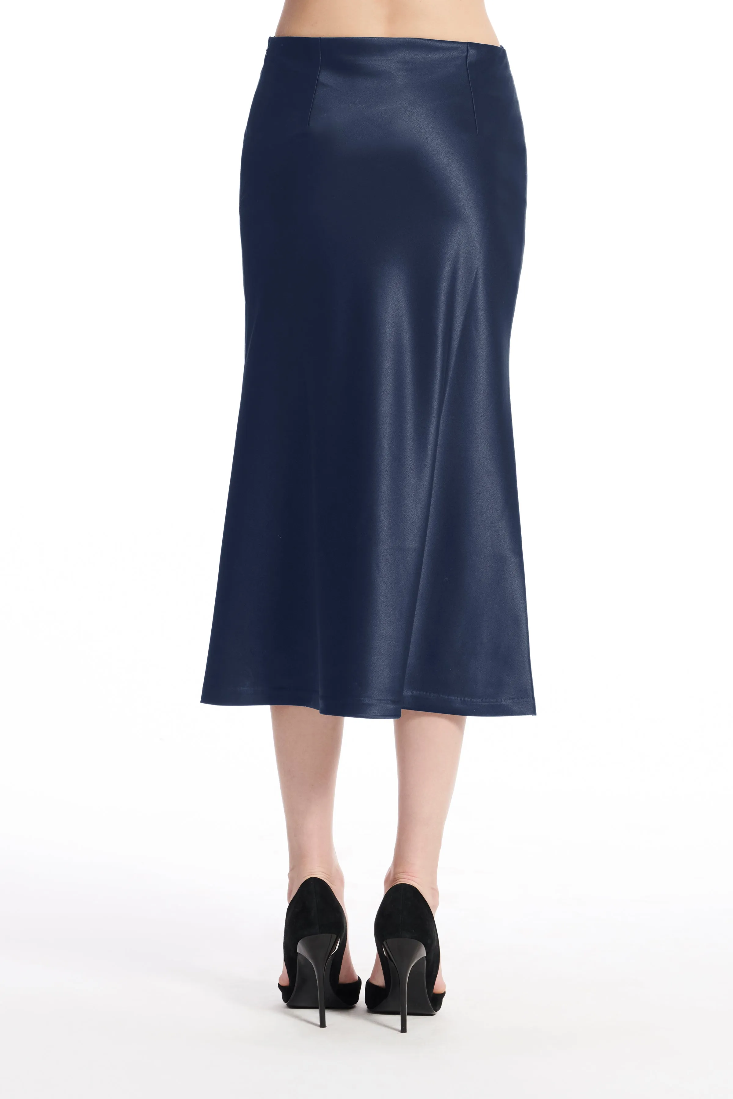 STRETCH SATIN MIDI A-LINE BIAS SKIRT BISQUE AND NAVY