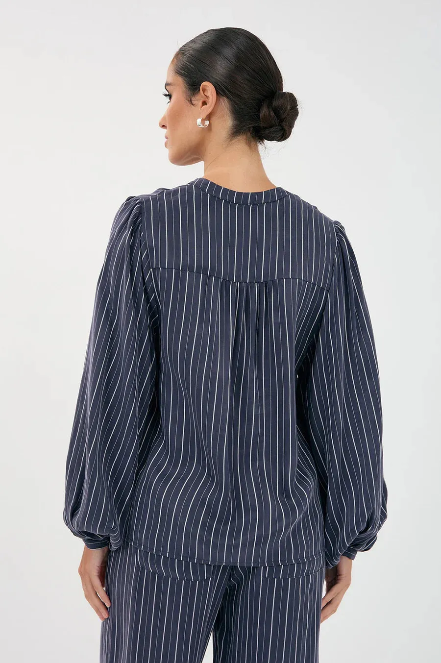 Striped Long Sleeve Blouse  – Navy