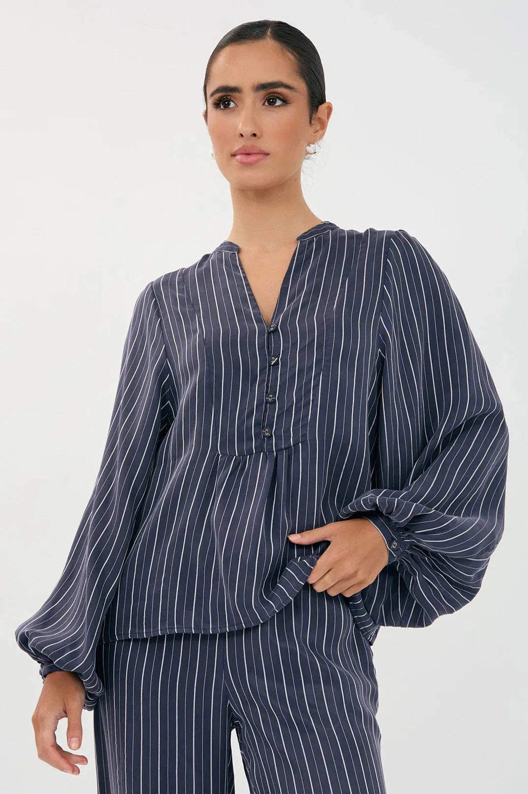 Striped Long Sleeve Blouse  – Navy