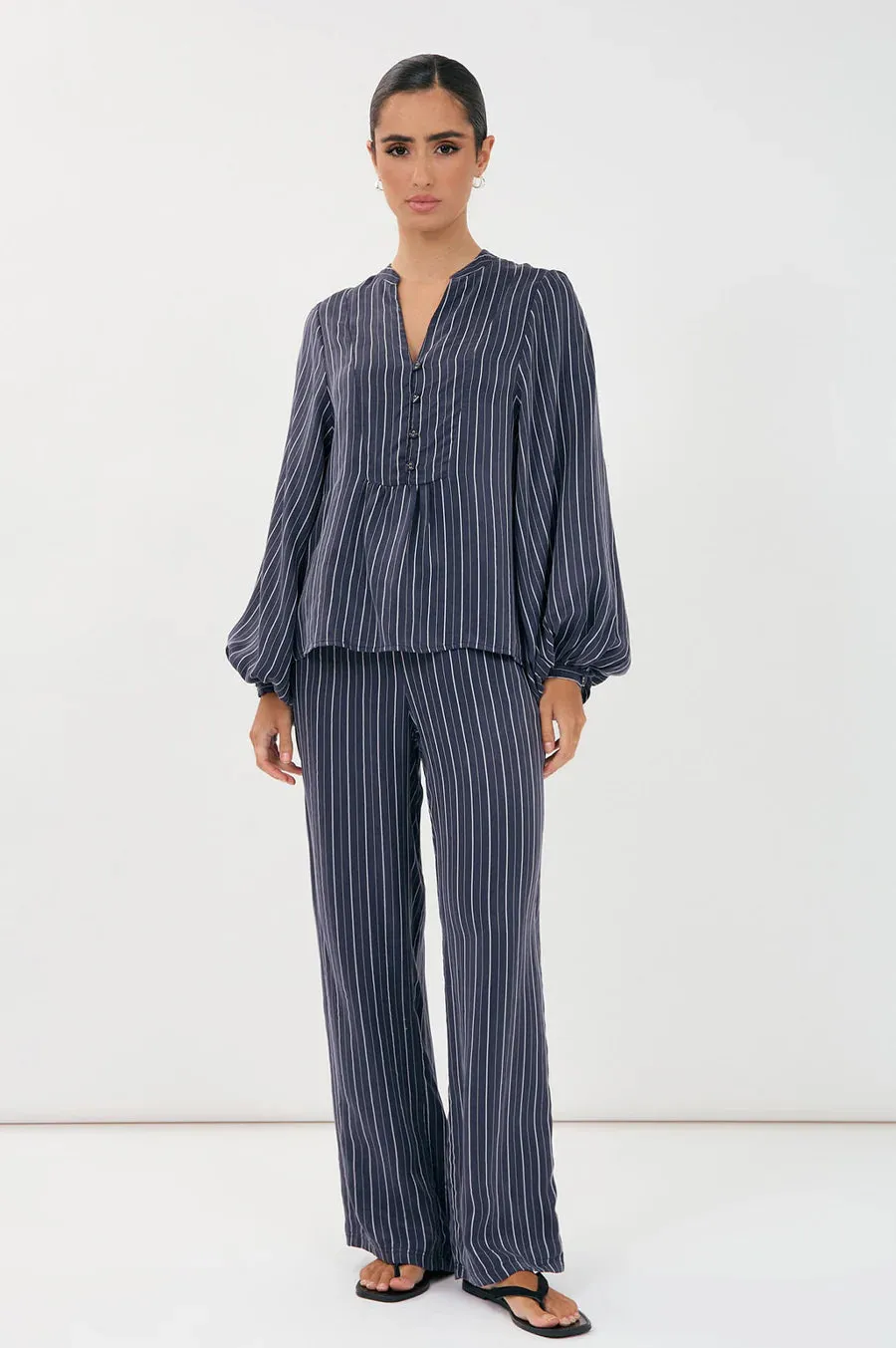 Striped Long Sleeve Blouse  – Navy