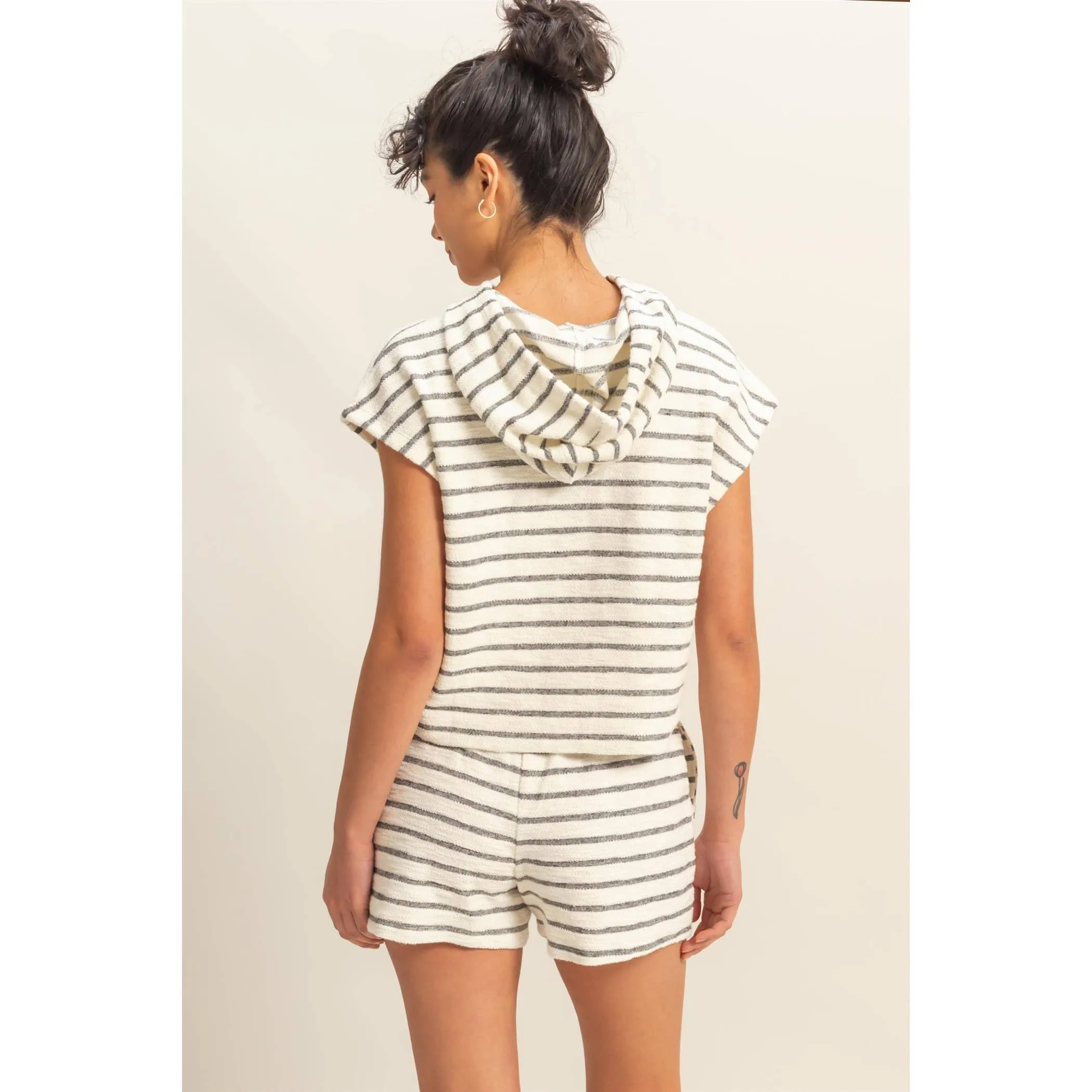 Striped Short Sleeve Pullover Hoodie and Shorts Set