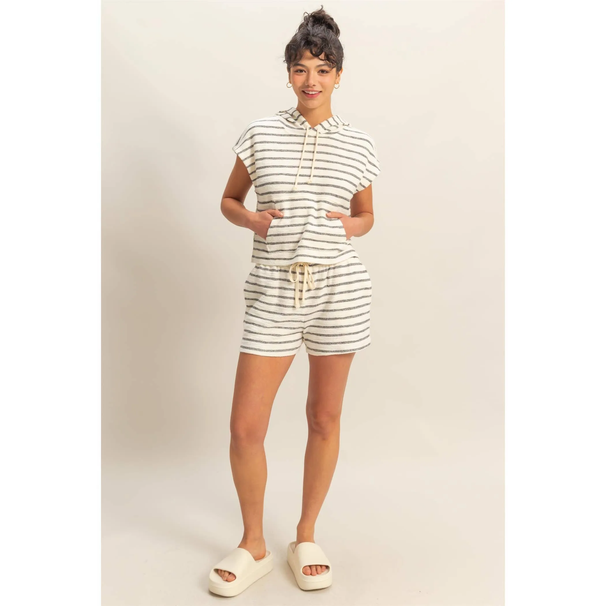 Striped Short Sleeve Pullover Hoodie and Shorts Set