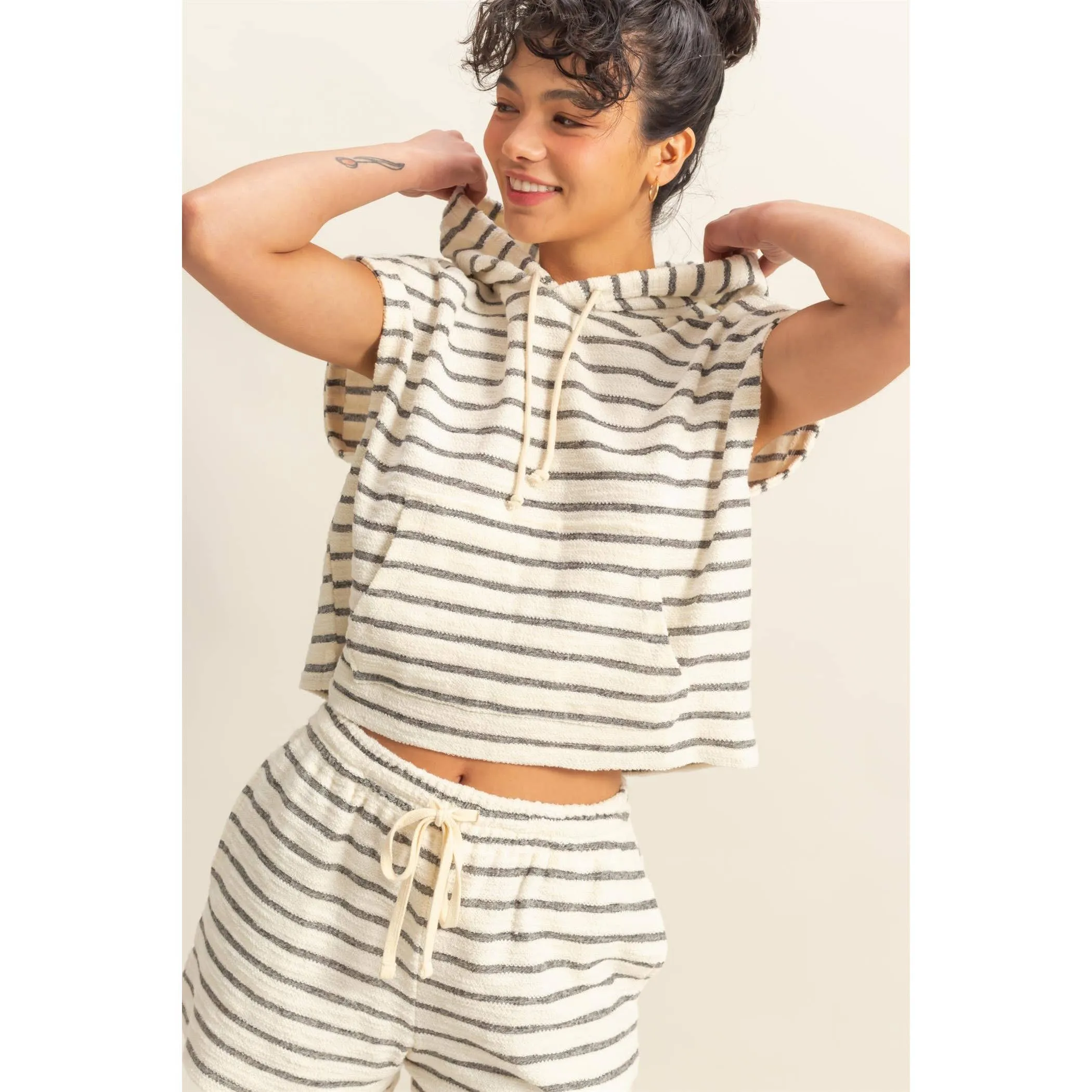 Striped Short Sleeve Pullover Hoodie and Shorts Set
