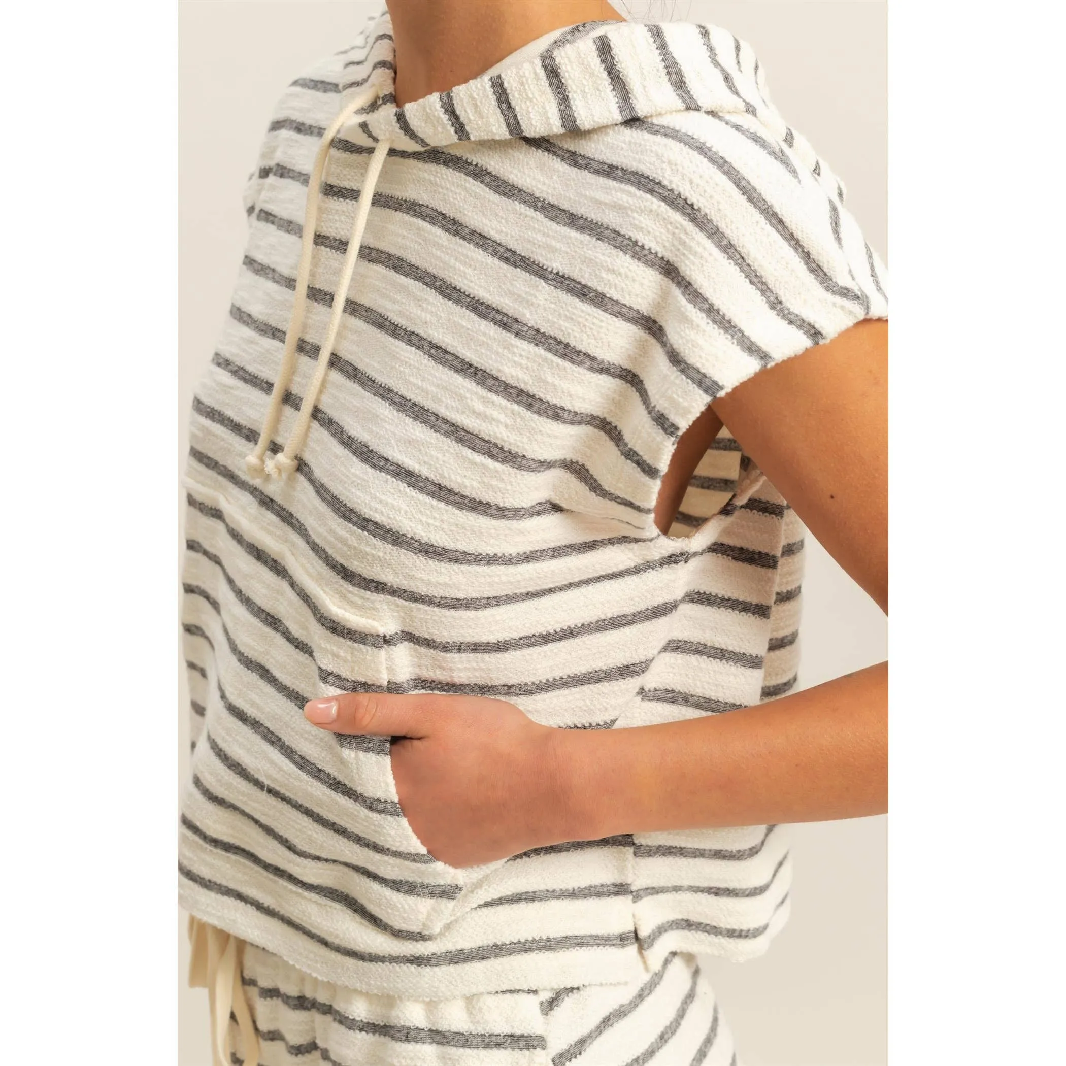 Striped Short Sleeve Pullover Hoodie and Shorts Set