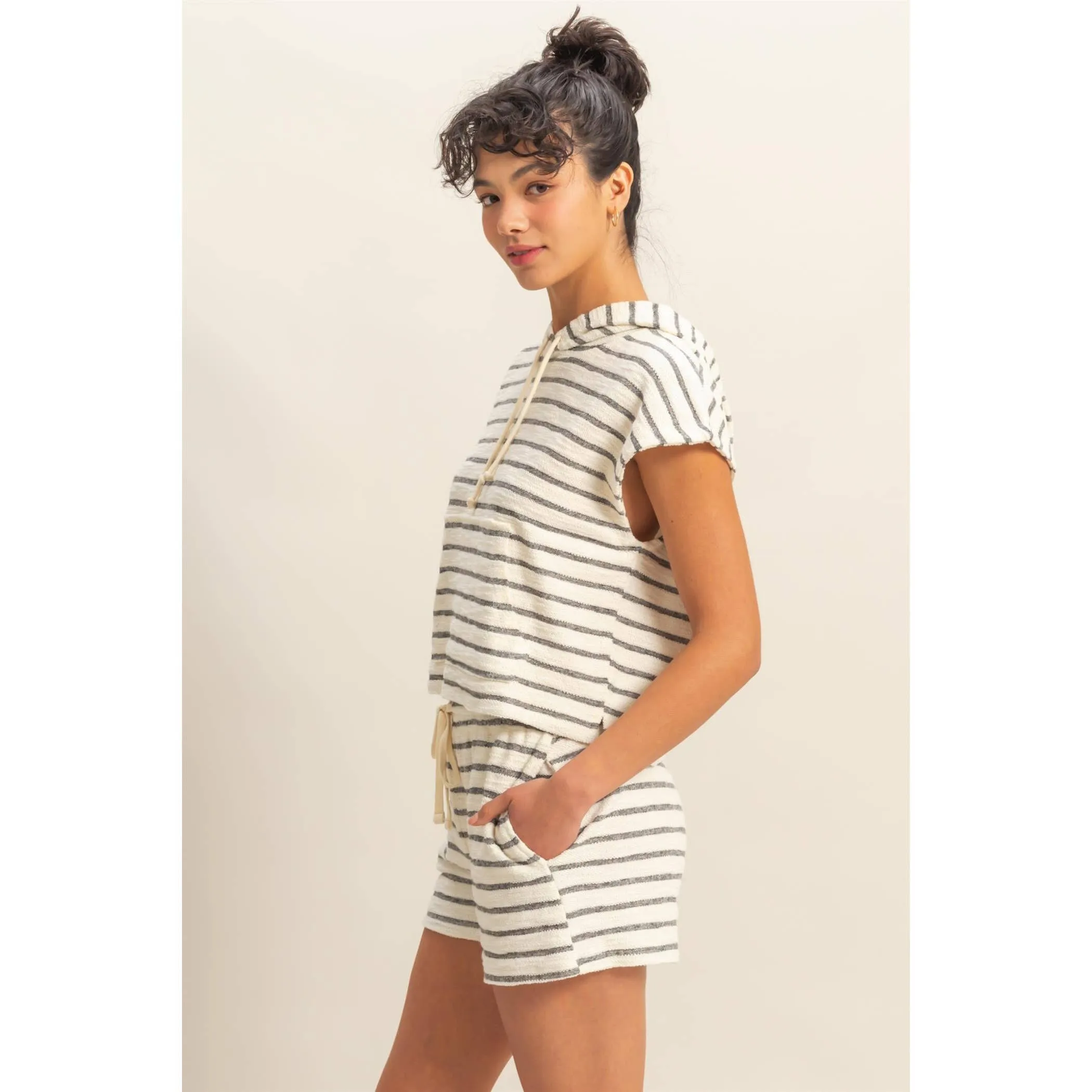 Striped Short Sleeve Pullover Hoodie and Shorts Set