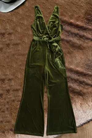 Stunning Overlapping Deep V-neck Velvet Sleelvess Jumpsuit