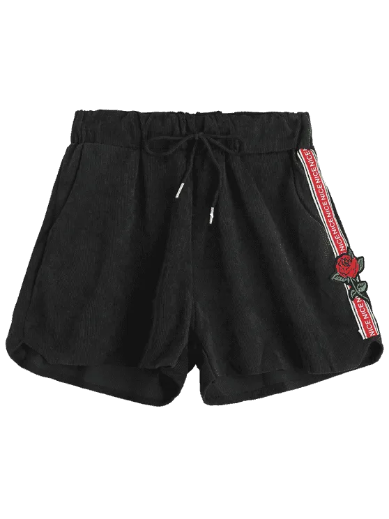 Trendy Floral Patched Drawstring High Waist Shorts