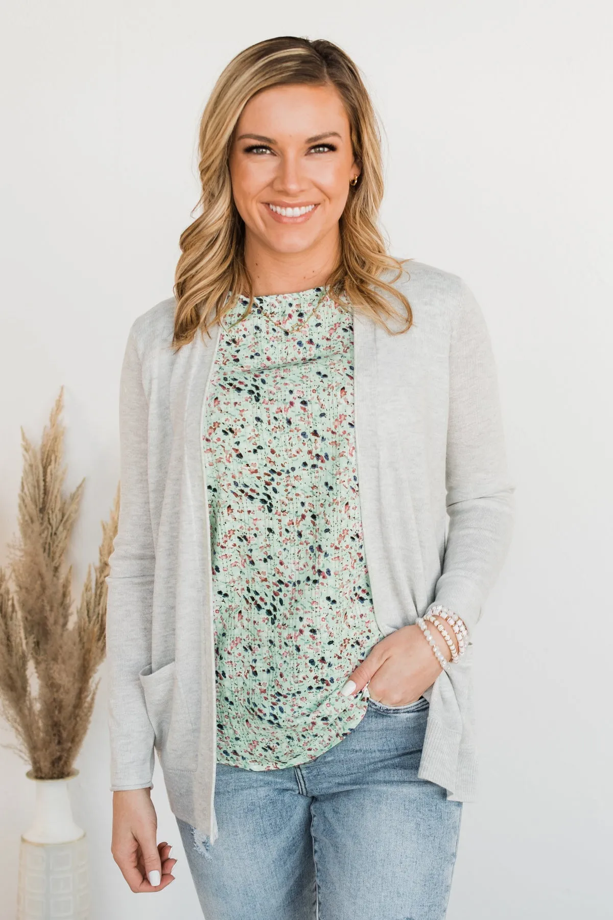 True To My Heart Open Front Cardigan- Light Grey
