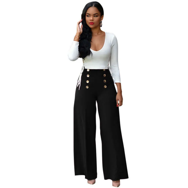 Two Piece Outfit Bodysuit Jumpsuit Long Wide Pants 2 Piece Set Button Criss Cross Playsuit