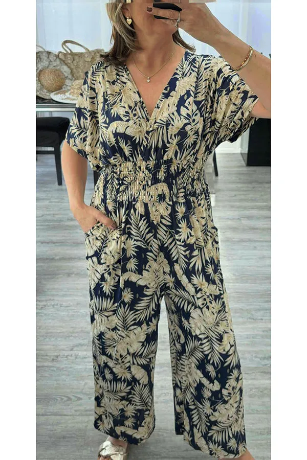 Unique Printed V-neck Loose Casual Wide-leg Jumpsuit
