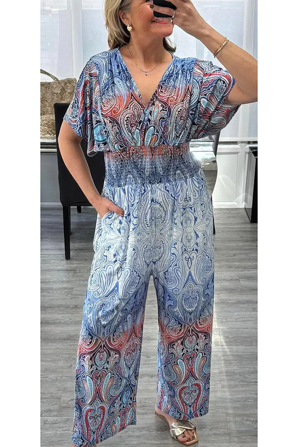 Unique Printed V-neck Loose Casual Wide-leg Jumpsuit