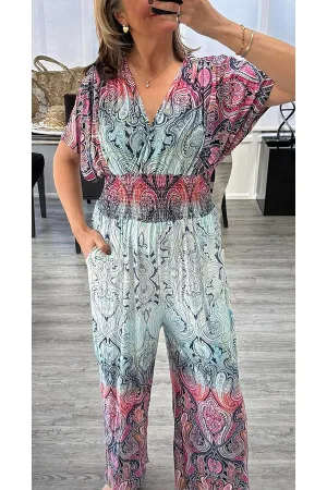 Unique Printed V-neck Loose Casual Wide-leg Jumpsuit